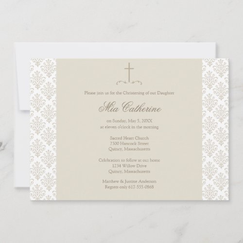 Damask Cream Cross Christening  Baptism Invitation