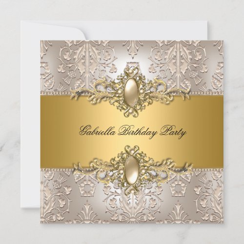 Damask Cream Gold Birthday Party Pearl Announcements