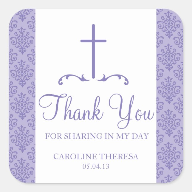 Damask Cross First Communion Square Sticker (Front)