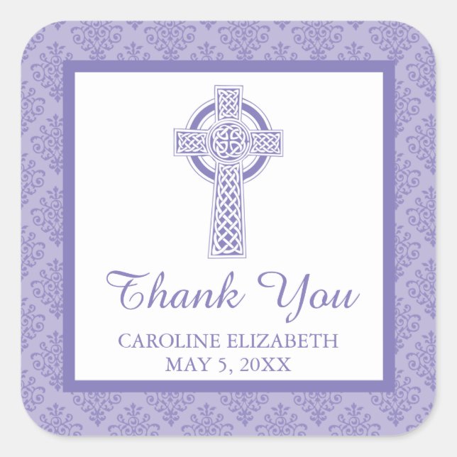 Damask Cross First Communion | Thank You Square Sticker (Front)