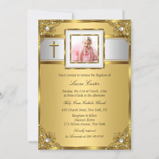 Damask & Cross Gold Photo Baptism/Christening Invitation
