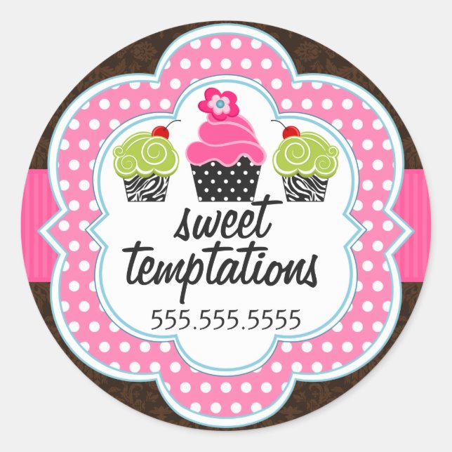 Damask Cupcake Bakery Business Classic Round Sticker (Front)