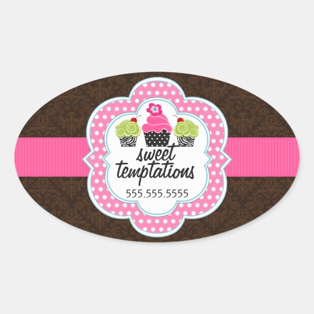 Damask Cupcake Bakery Business Oval Sticker (Front)