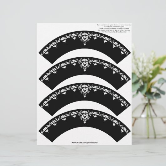 Damask Cupcake Cosie - White on Black (Standing Front)