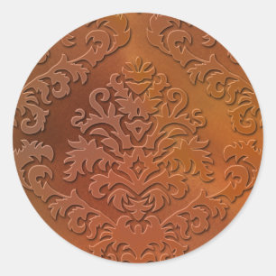 Damask Cut Velvet, Satin Abstract in Orange & Gold Classic Round Sticker