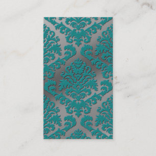 Damask Cut Velvet, Silver Metallic in Teal & Gray Business Card