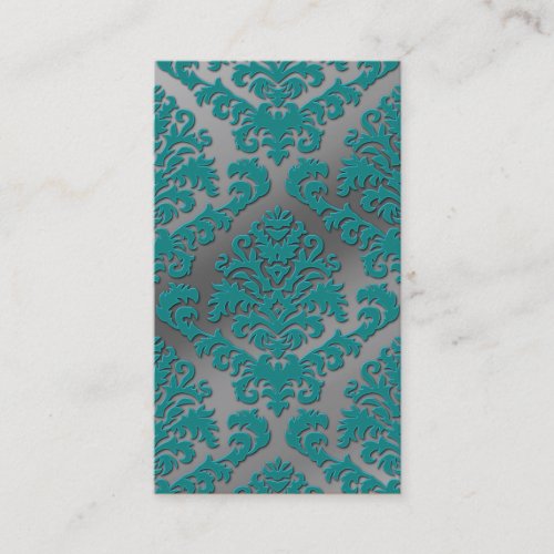 Damask Cut Velvet, Silver Metallic in Teal &amp; Gray Business Card Template