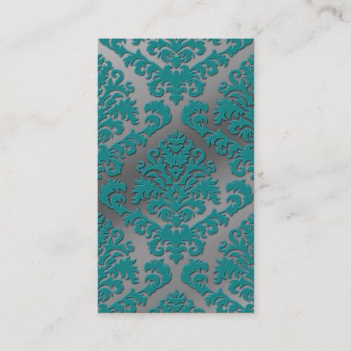 Customizable Damask Cut Velvet, Silver Metallic in Teal &amp; Gray Business Card Template