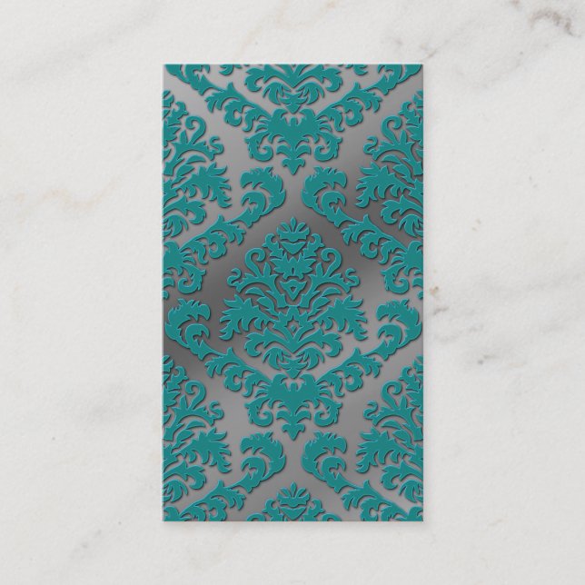 Damask Cut Velvet, Silver Metallic in Teal & Gray Business Card (Front)