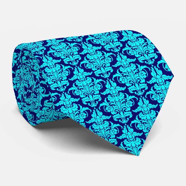 Damask - Cyan on Deep Navy Neck Tie (Rolled)