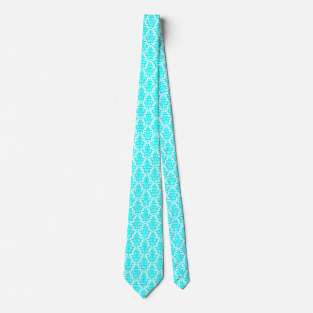Damask - Cyan on White Neck Tie (Front)