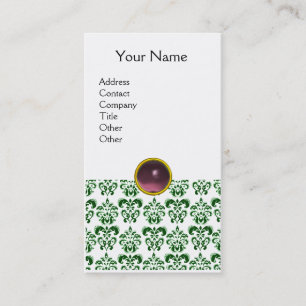 DAMASK DARK GREEN MONOGRAM gem purple light white Business Card