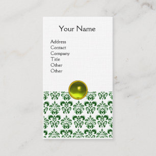 DAMASK DARK GREEN MONOGRAM gem yellow white linen Business Card