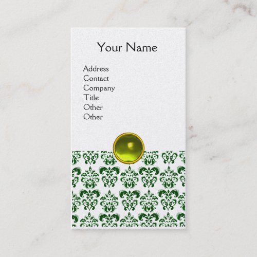 DAMASK DARK GREEN MONOGRAM gem yellow white pearl Business Card