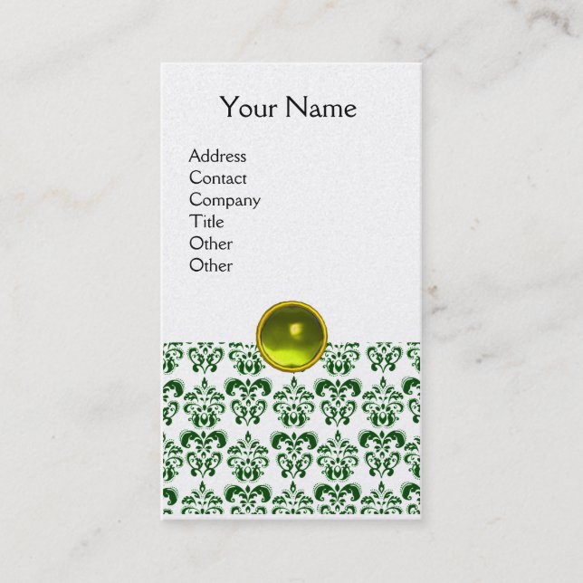 DAMASK DARK GREEN MONOGRAM gem yellow white pearl Business Card (Front)
