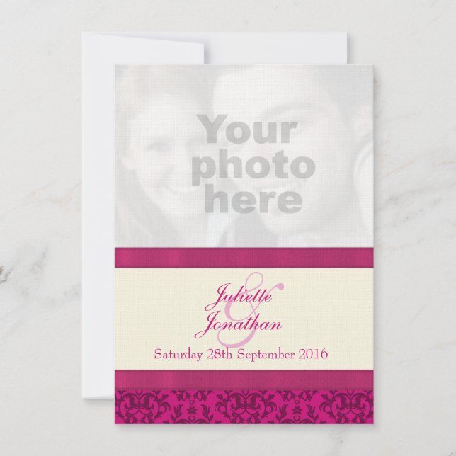 Damask dark pink & cream wedding invitation (Front)