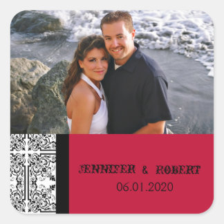 Damask Delight Scarlet Red Wedding Favor Sticker