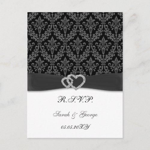 damask diamante charcoal wedding RSVP Invitation Postcard