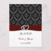 damask diamante red wedding RSVP Invitation Postcard