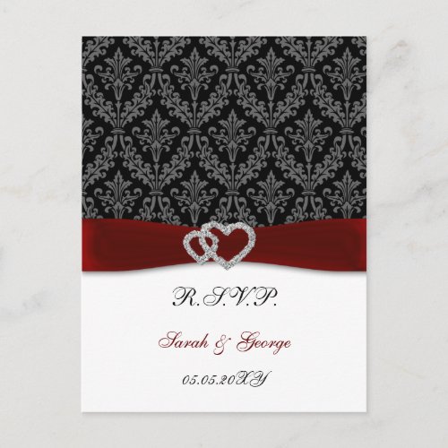 damask diamante red wedding RSVP Invitation Postcard