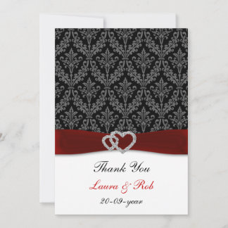 damask diamante red wedding thank you card