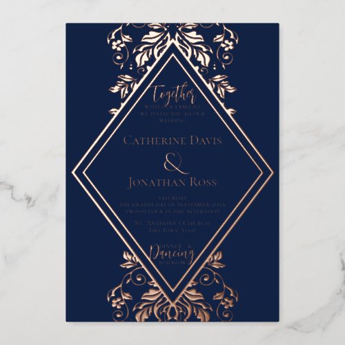 Damask Diamond Navy  Rose Wedding Foil Invitation