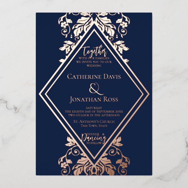 Damask Diamond Navy & Rose Wedding Foil Invitation (Front)