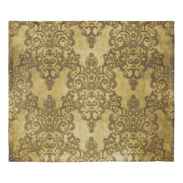 Damask Distressed Rustic Dark Yellow Gold Duvet Cover (Front)