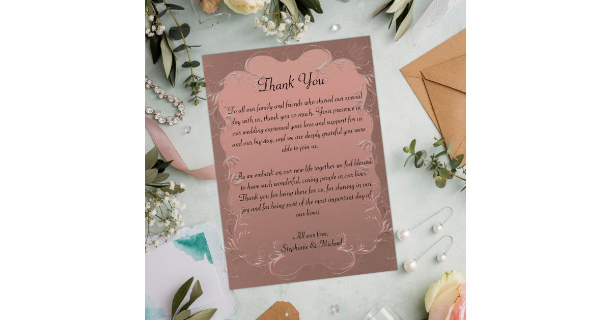 Damask Elegance Rose Gold Wedding Thank You Card | Zazzle