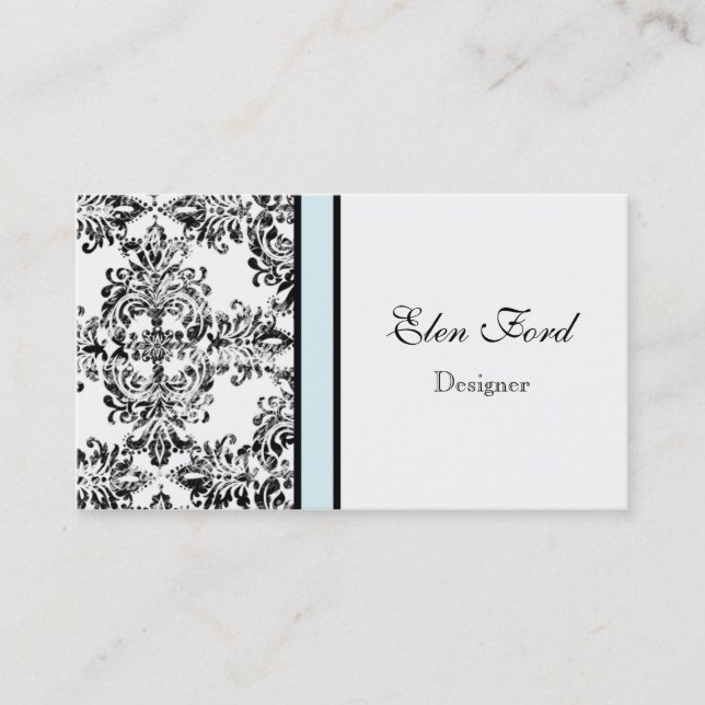 Damask Elegant Baby Blue and Black Business Cards (Front)