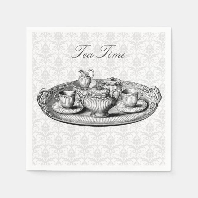 Damask Elegant Tea Party Teapot Custom Text Paper Napkins (Front)
