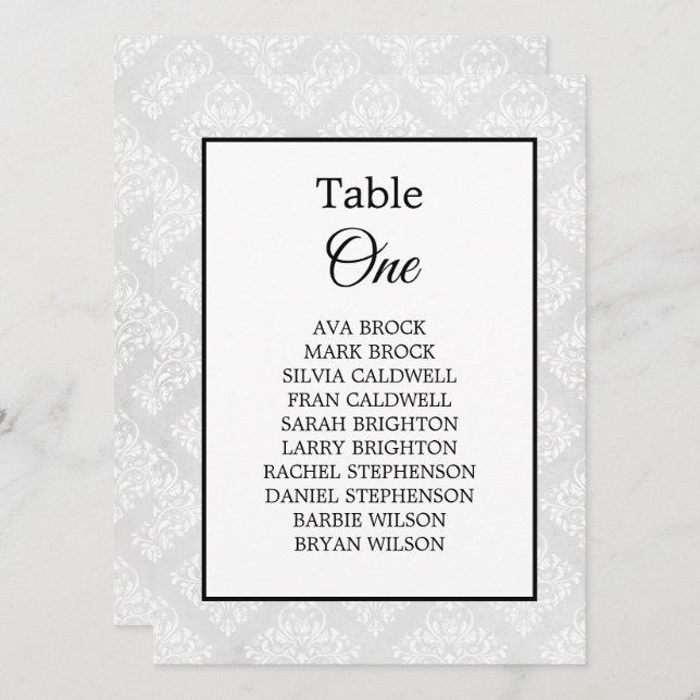Damask Elegant Wedding Minimal Table Seating Chart (Front/Back)