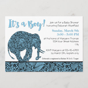 Damask Elephant Boy Baby Shower Invitation