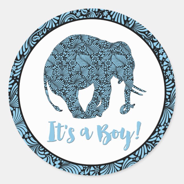 Damask Elephant It's a Boy! Classic Round Sticker (Front)
