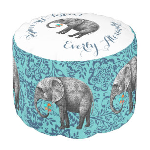 Damask Elephant Navy And Aqua Vintage Floral Art Pouf