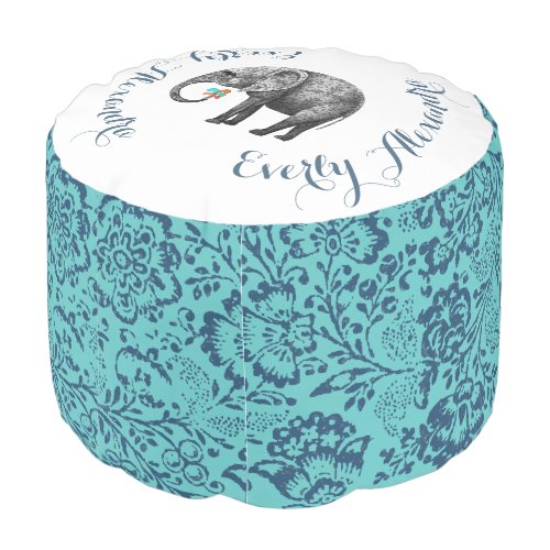 Damask Elephant Navy And Aqua Vintage Floral Art Pouf