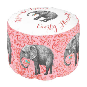 Damask Elephant Pink And Red Vintage Floral Art Pouf