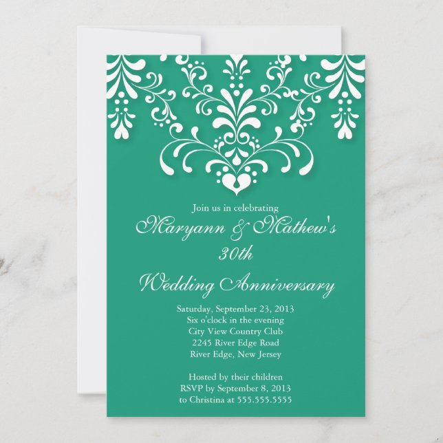 Damask Emerald Wedding Anniversary Invitation (Front)