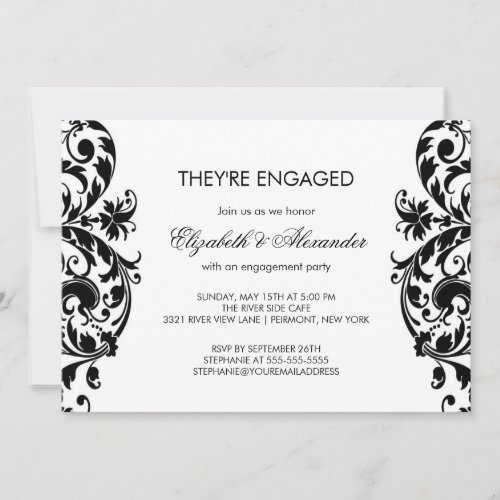 Damask Engagement Party Invitations Black &amp; White