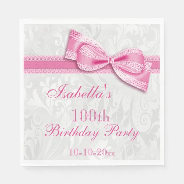 Damask & Faux Bow Girls 100th Birthday Napkins (Front)