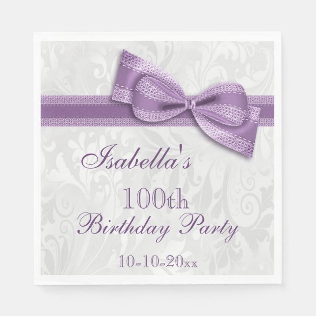 Damask & Faux Bow Girls 100th Birthday Napkins (Front)