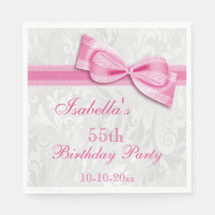 Damask & Faux Bow Girls 55th Birthday Paper Napkins