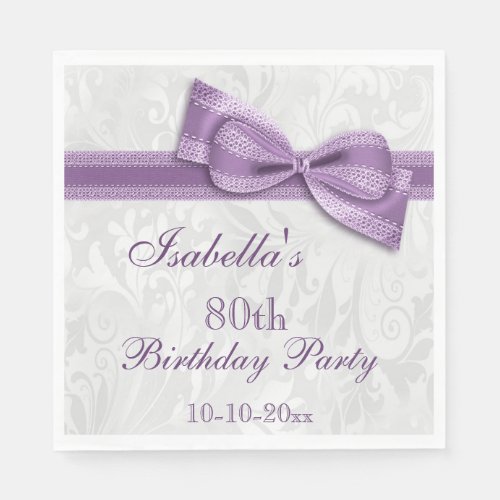 Damask  Faux Bow Girls 80th Birthday Paper Napkins