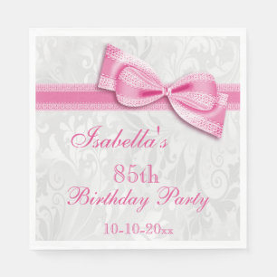 Damask & Faux Bow Girls 85th Birthday Paper Napkins