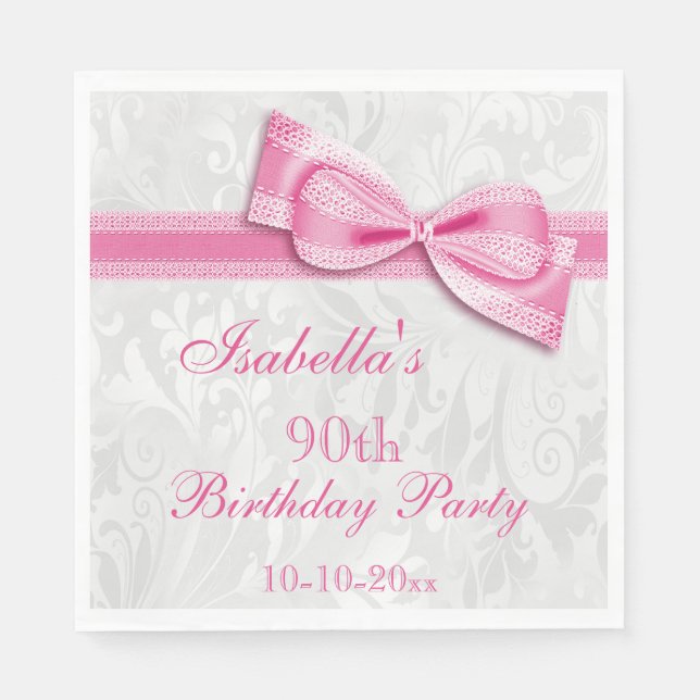 Damask & Faux Bow Girls 90th Birthday Paper Napkins (Front)