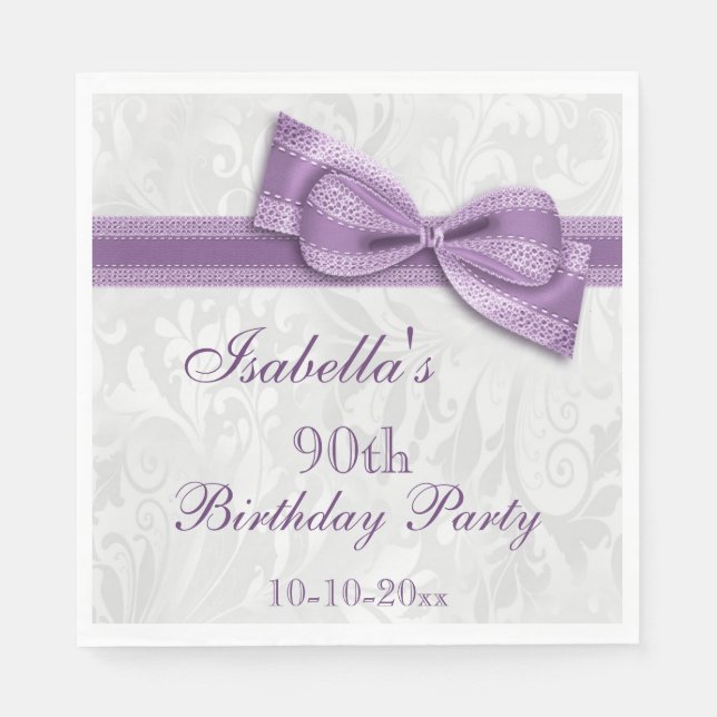 Damask & Faux Bow Girls 90th Birthday Paper Napkins (Front)