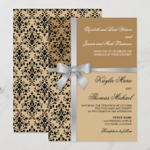 Damask Faux Silver Ribbon Autumn Wedding Invitation