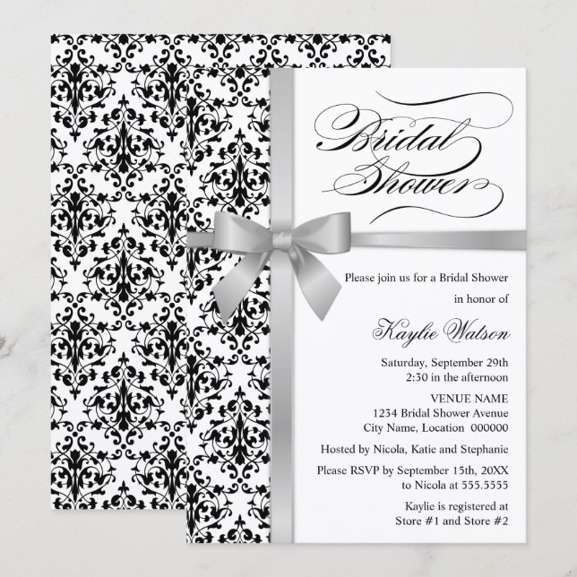 Damask Faux Silver Ribbon Bridal Shower Invitation (Front/Back)