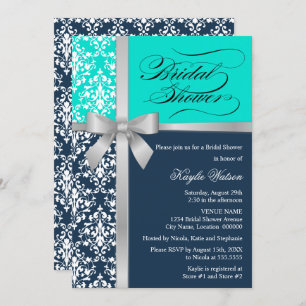 Damask Faux Silver Ribbon Navy Aqua Bridal Shower Invitation