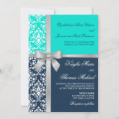 Damask Faux Silver Ribbon Navy Aqua Wedding Invitation (Front)